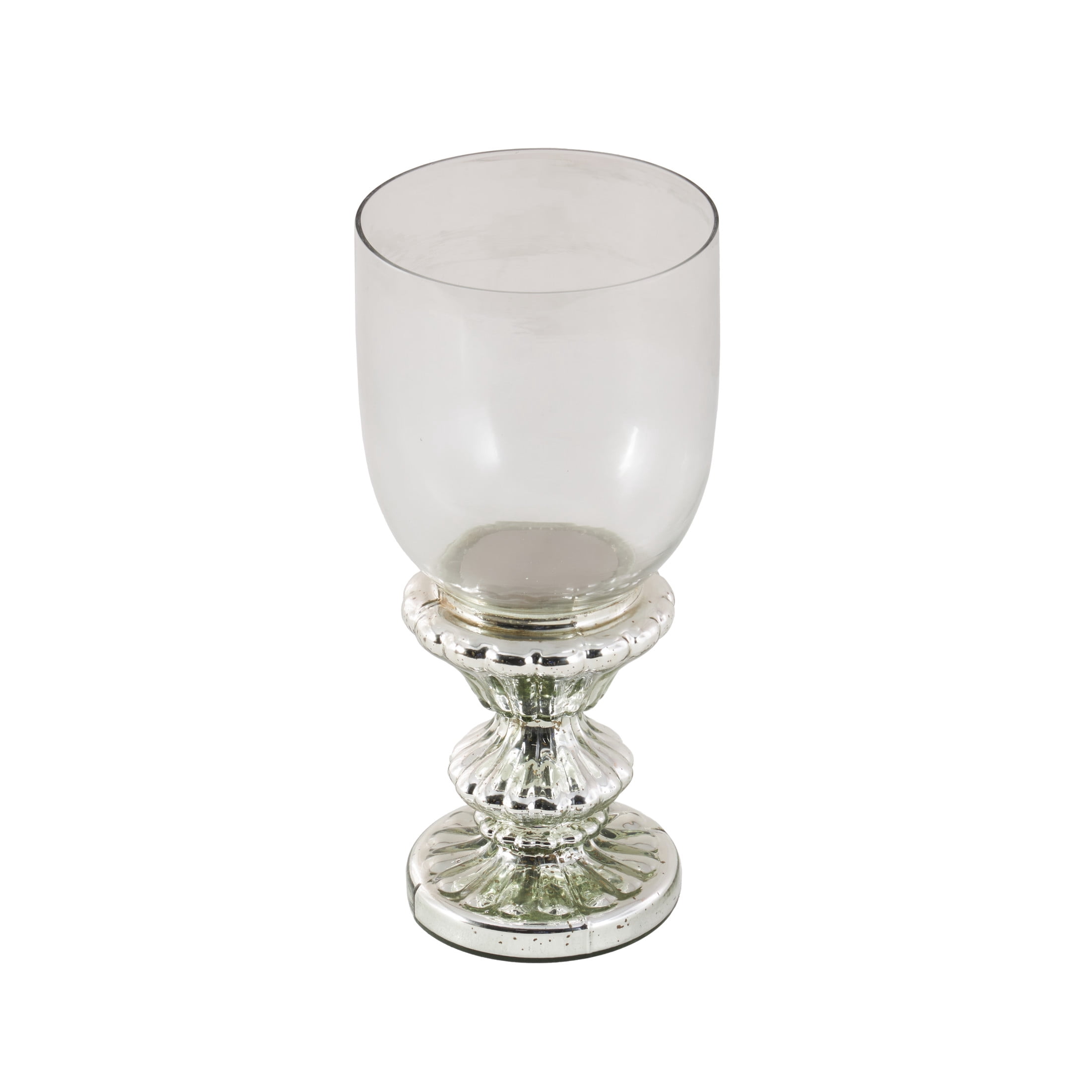DecMode Silver Glass Handmade Turned Style Pillar Hurricane Lamp with Faux Mercury Glass Finish