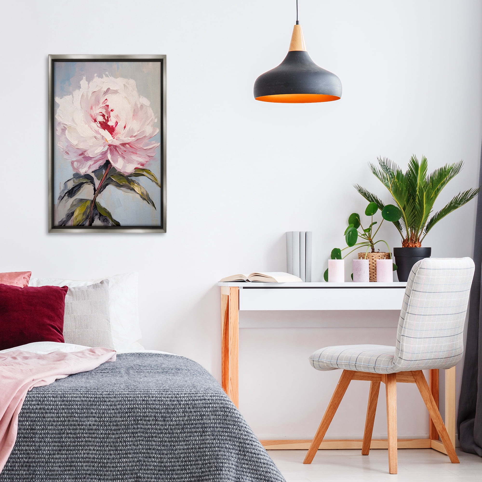 Stupell Industries Pale Pink Rose Botanical & Floral Painting Gray Floater Framed Art Print Wall Art, 21 x 31