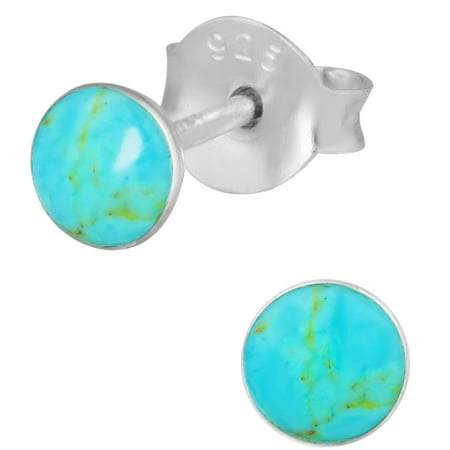 Childrens Sterling Silver Birthstone Earrings - Hypoallergenic Sterling Silver Simulated Turquoise Round Stud Earrings for Kids (Nickel Free)