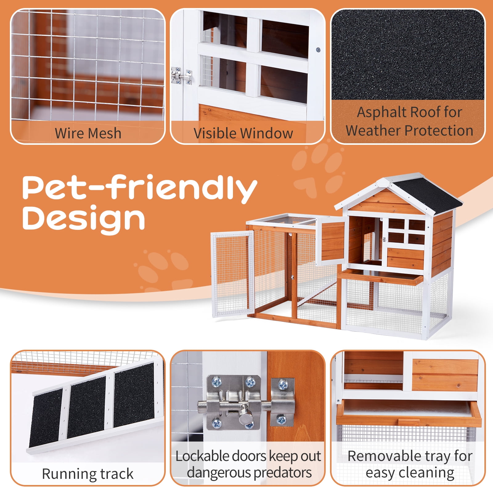 ZephyPaws Wooden Rabbit & Chicken Hutch with Pull Out Upper Tray, 2-Story Outdoor Orange