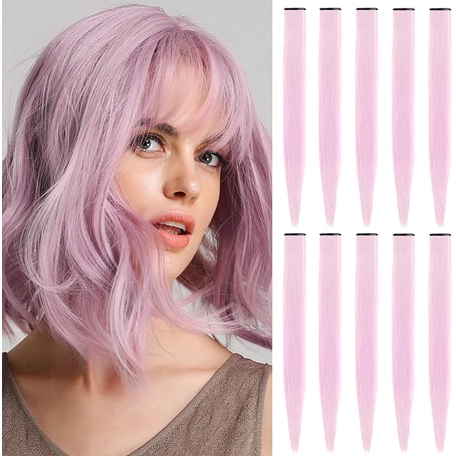 LAICAIW Extensions de Cheveux Colorées de 22 Pouces, Mèches de Fête Multicolores à Clipser, Extensions de Cheveux Synthétiques (10 Pcs Rose Pâle)