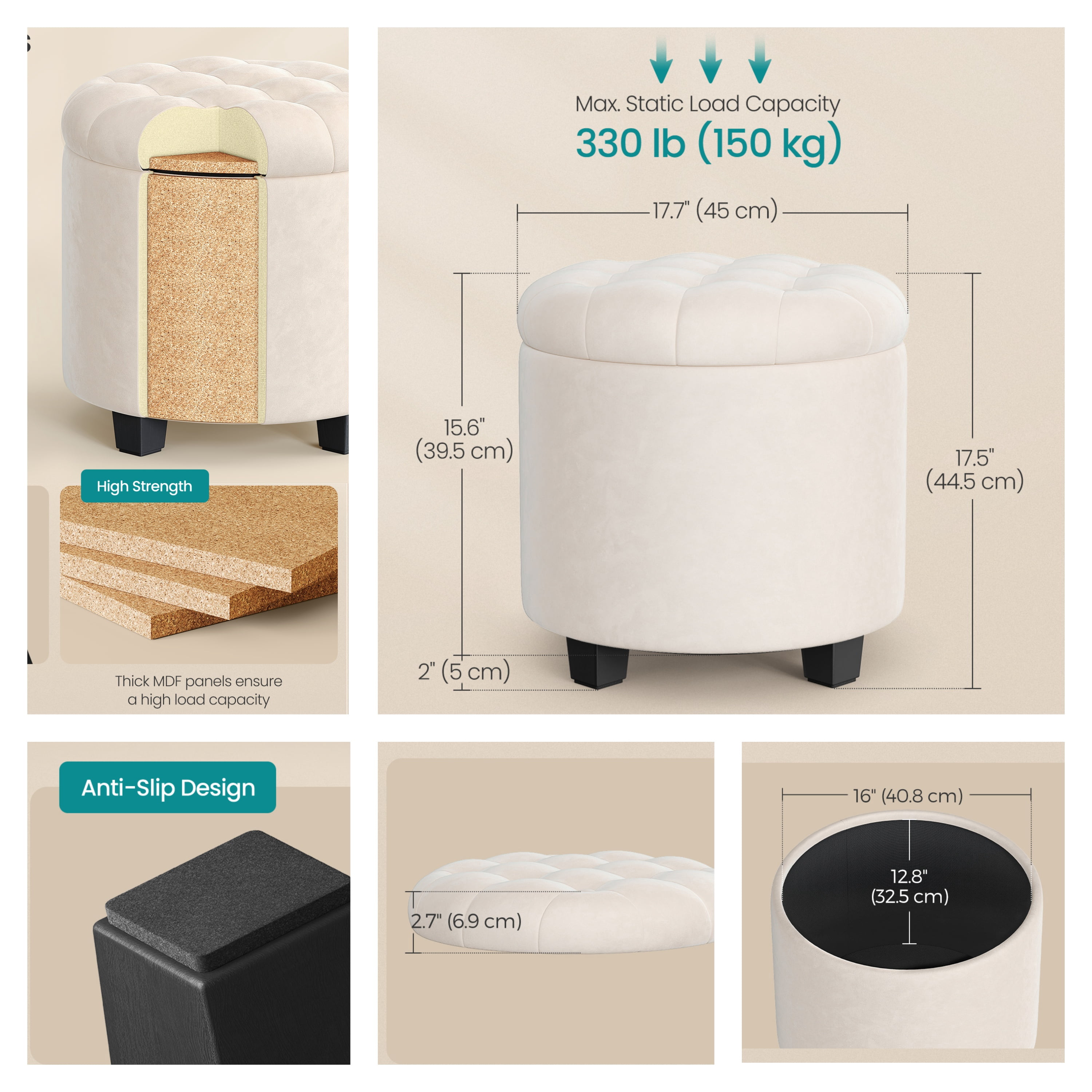 LEDREM Round Velvet Storage Ottoman - 17.7" Foot Rest Stool with Hidden Compartment, 330lb Capacity, for Living Room, Bedroom, Dorm, Cream White