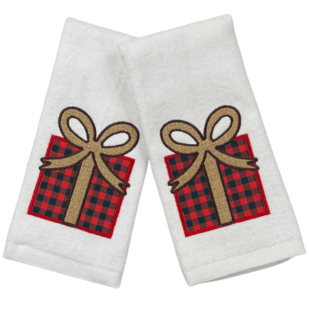 Christmas Bathroom Fingertip Towels – Set of 2 White 100% Cotton Embroidered Red Buffalo Plaid Gift Box with Burlap Bow Design– 18x12” Bath & Kitchen Towels Holiday Decor