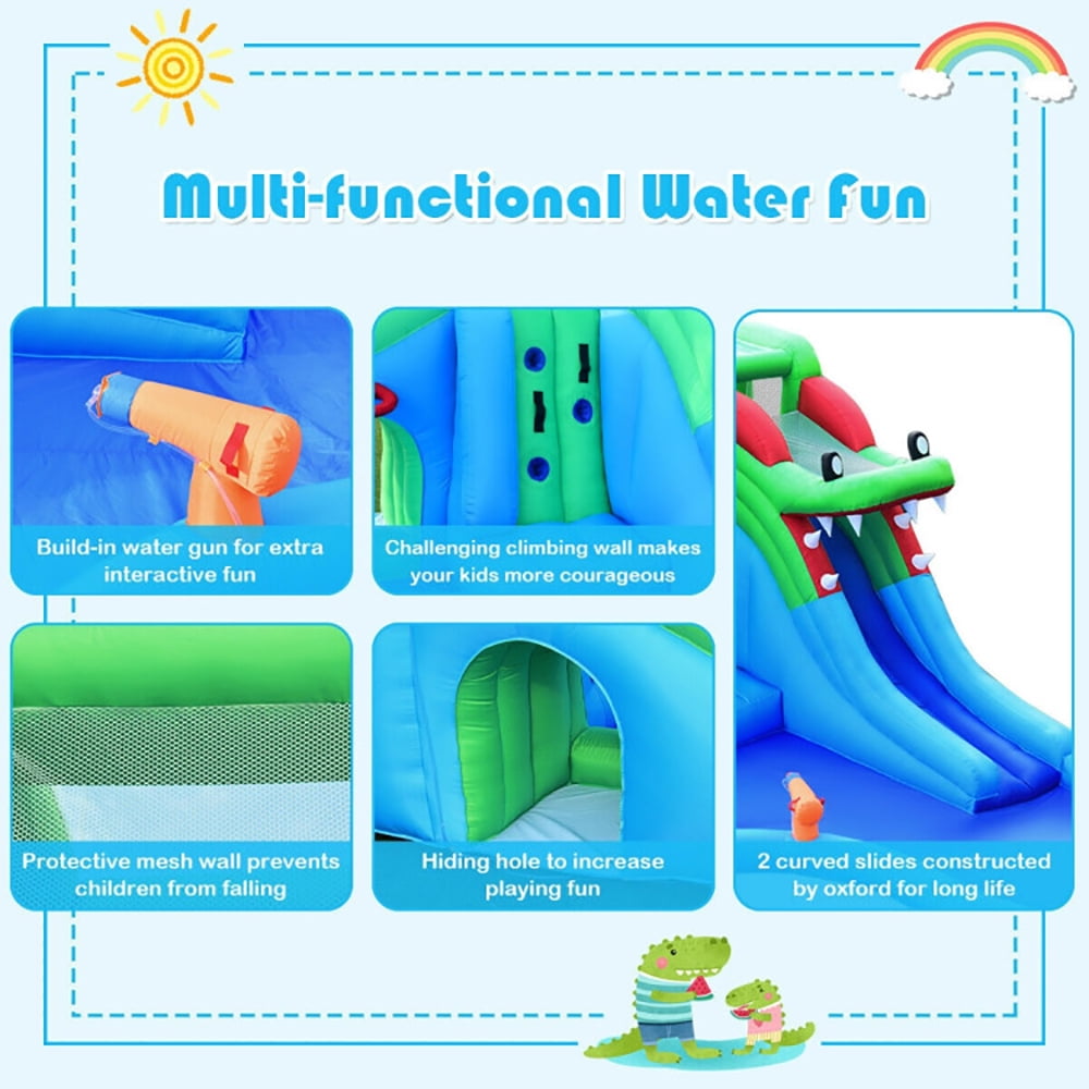 Aimee Lii Inflatable Water Park Crocodile Bouncer Dual Slide Climbing Wall without Blower, Bounce House Water Slide for Kids 5-10