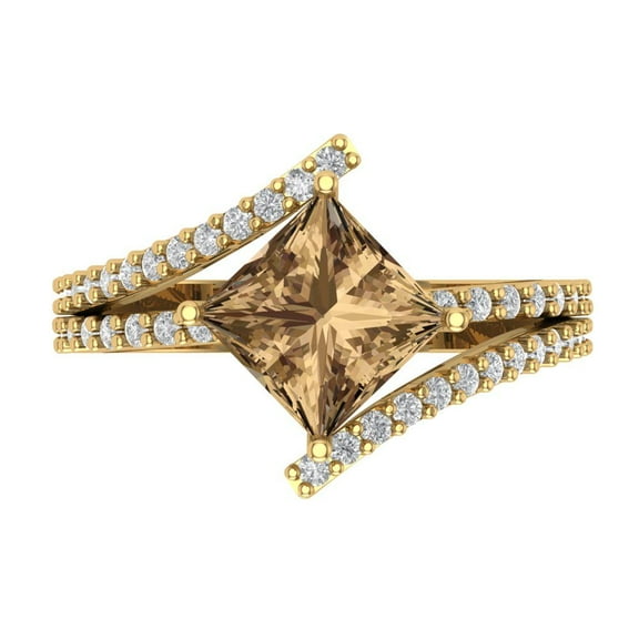 2.3075 ct Princess Cut Simulated Champagne Diamond Solitaire with Simulated Diamond Accents 14K Yellow Gold Womens Engagement Ring