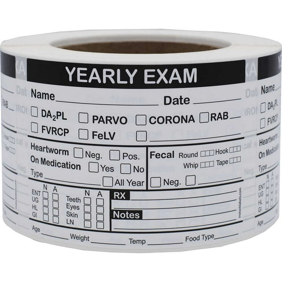 Pet Veterinarian Yearly Exam Veterinary Labels | 3″ x 4″ - 500 Pack