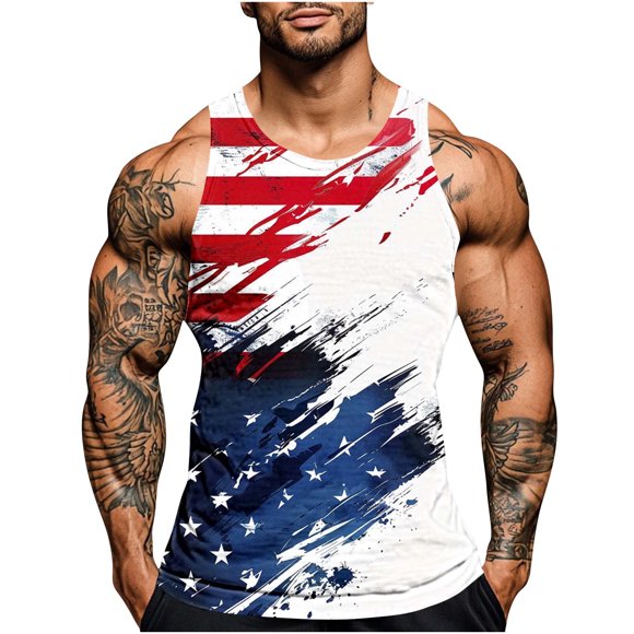 nerohusy Mens 4th of July Tanks American Flag Shirts Casual Sleeveless Gym Workout Tanks USA Flag Patriotic T-Shirts 2025 White,S
