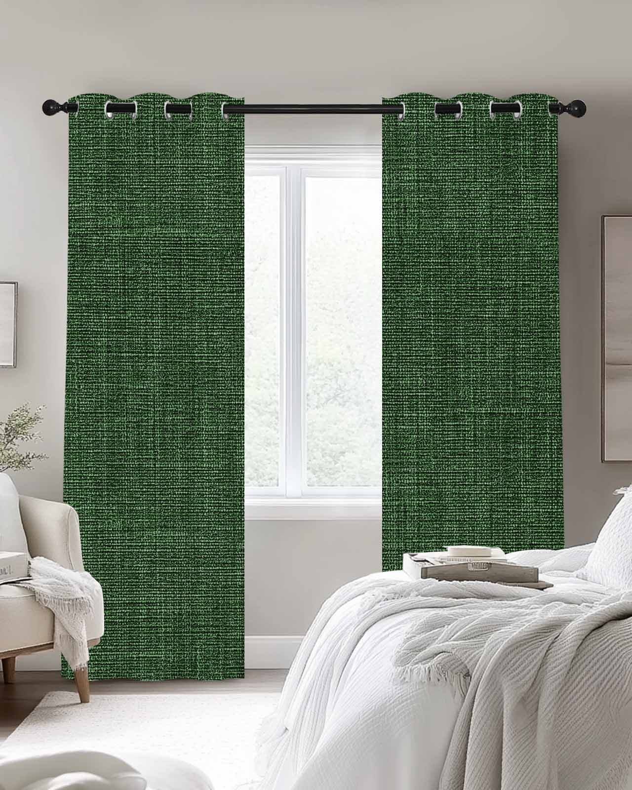 Dark Green Burlap Texture Blackout Curtains 63 Inches Long, Farmhouse Vintage Green 2 Panels, Thermal Insulated Room Darkening Drapes with Grommets, 52W x 63L Each Panel