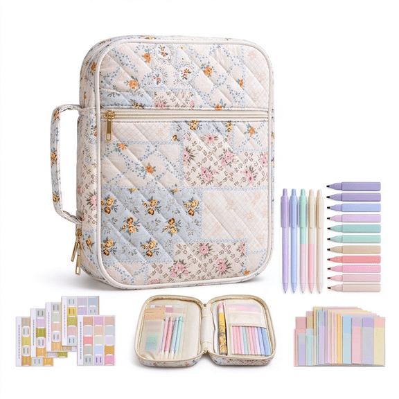 Large Quilted Bible Cover for Women - Spliced Flower Design with Strong Handle, Carrying Case for Bible Study Accessories