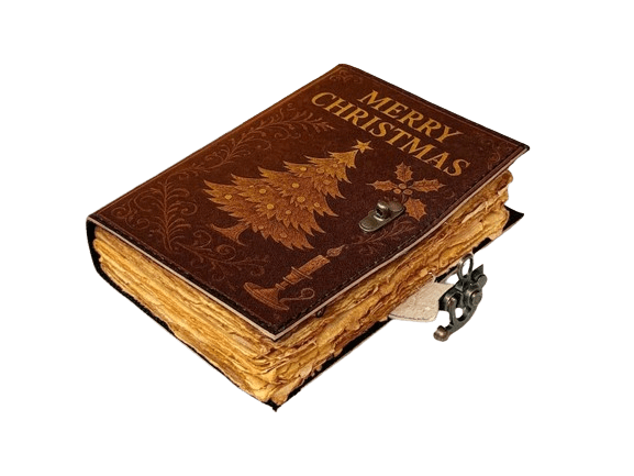 Merry Christmas Handmade Leather Journal – 5x7 Inch | 200 Handmade Paper Pages | Vintage Christmas Gift