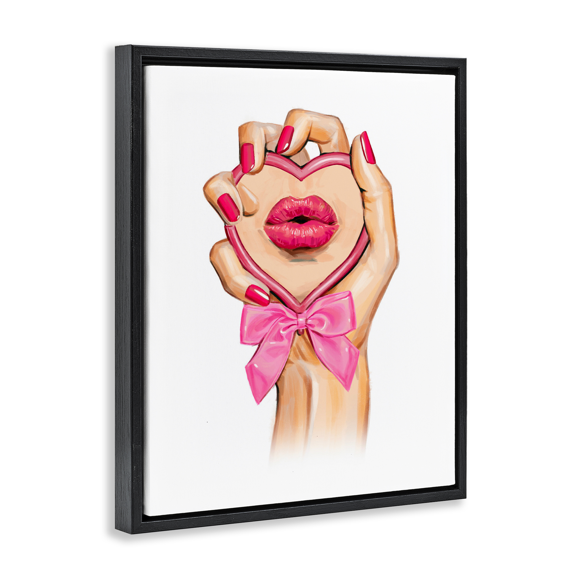Pink Lips in Mirror Black Framed Floater Canvas Wall Art, design by Ziwei Li
