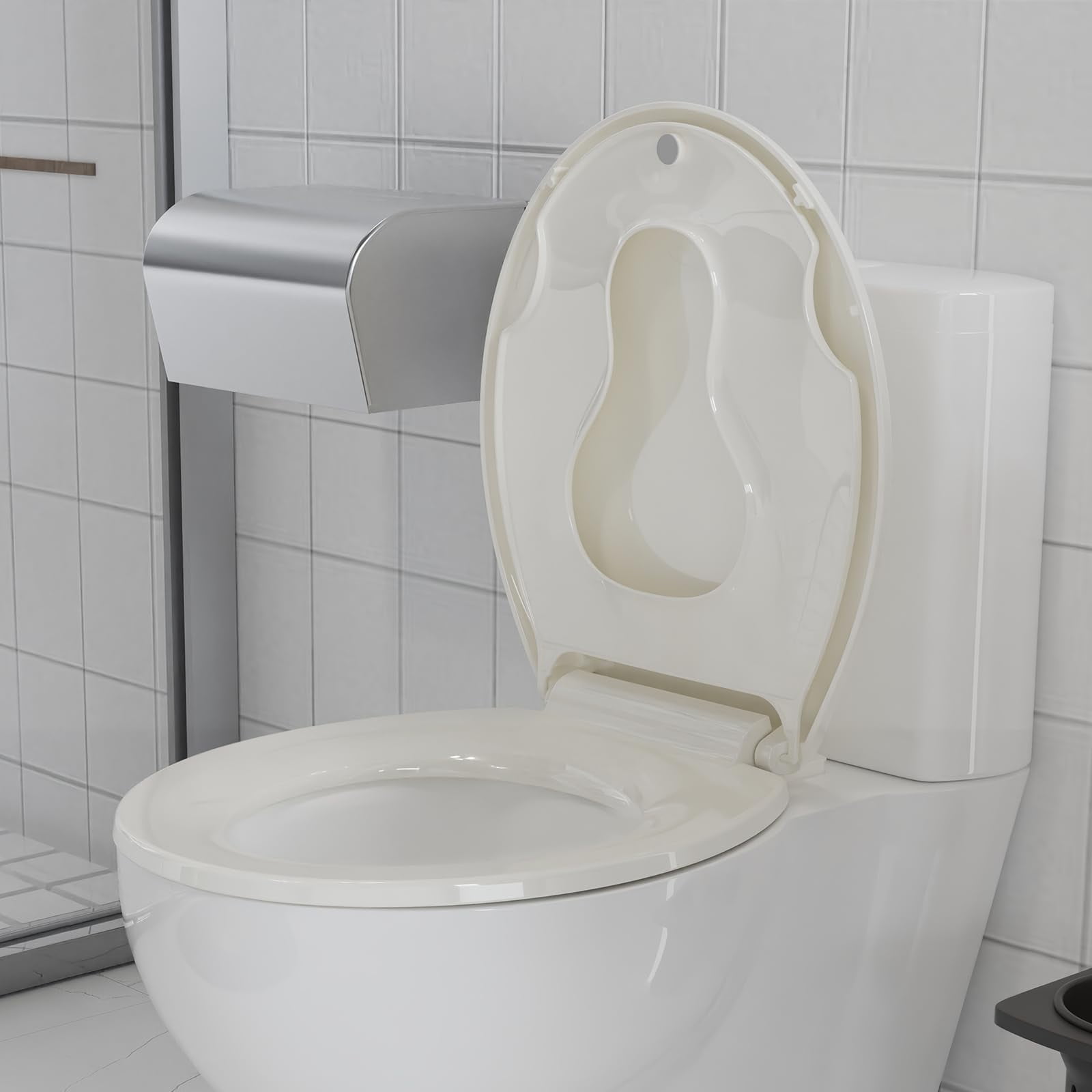 CuisinAid 19"L Elongated Toilet Seat with Built-in Toddler Training Seat, Soft-Close Lid, Safe PP Material & Easy Installation Kit,Biscuit