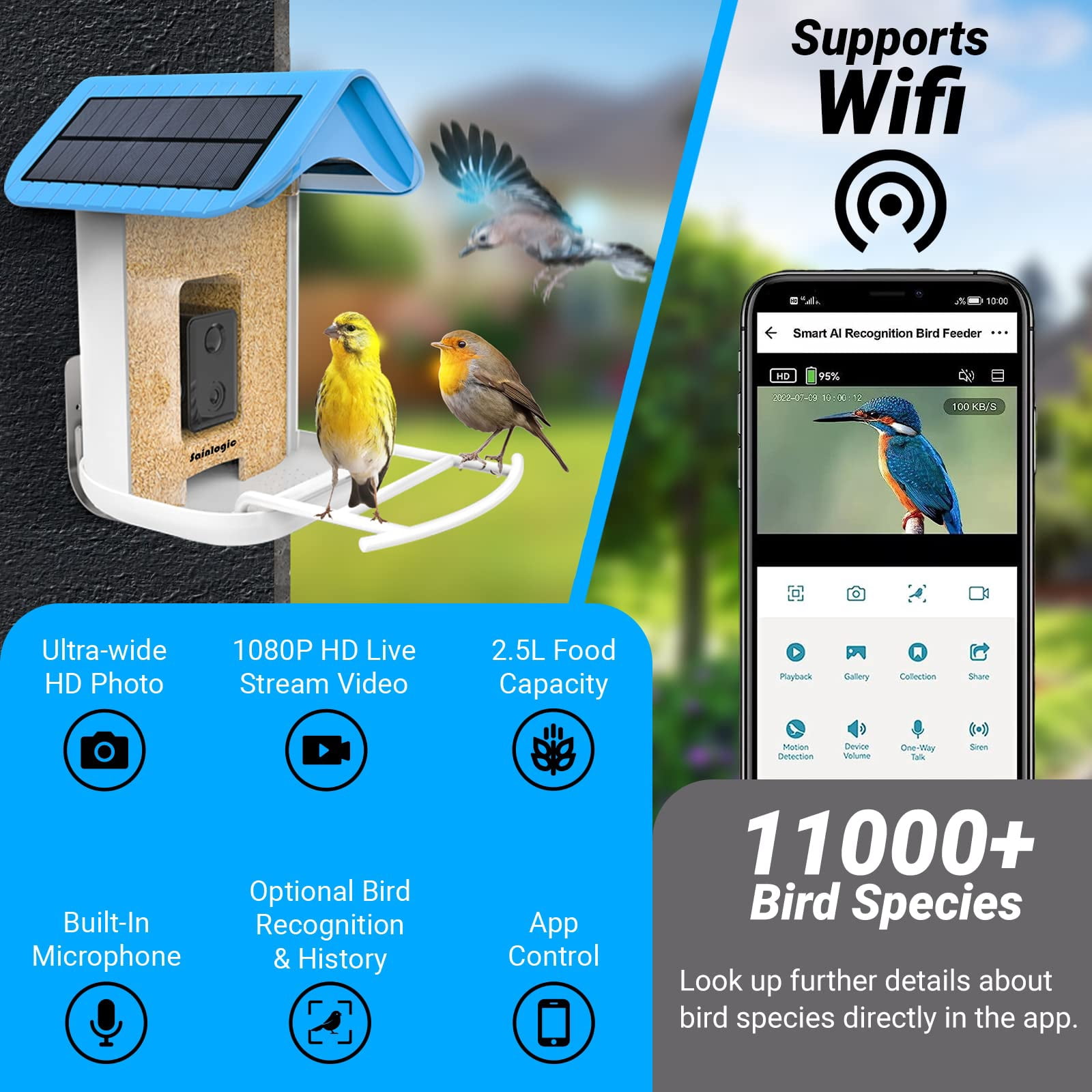 1080P Smart Bird Feeder with Camera, Solar-Powered, Wireless, IR Night Vision, Ultra-Wide HD Lens, APP-Controlled, Identifies 11,000+ Bird Species, Ideal Gift for Bird Lovers