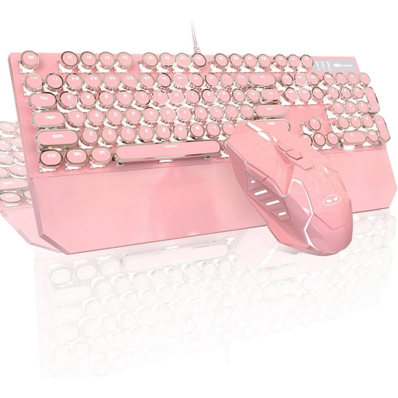 Typewriter Mechanical Gaming Keyboard and Mouse Combo, Retro Punk Round Keycaps RGB Rainbow Backlit Wired Keyboard for Game and Office, for Windows Laptop PC, Red Switches(White)