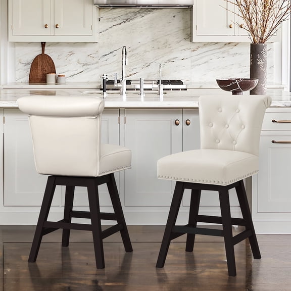 Dycanpo 26'' Swivel Bar Stools Set of 2, Upholstered Barstool with Footrest for Kitchen,White-Faux Leather
