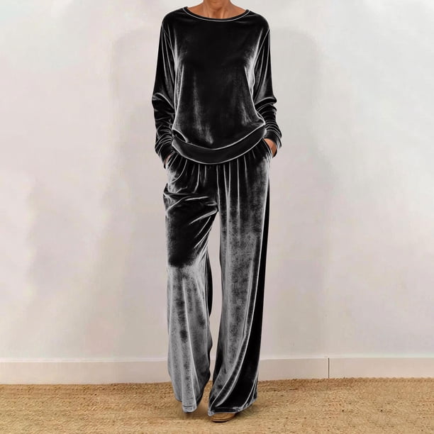 TaTaai Women Casual Loose Fit Velvet Set Round Neck Long Sleeve Pullover Top and Full Length Trousers Soft Comfy Daily Wear Two Piece Gift