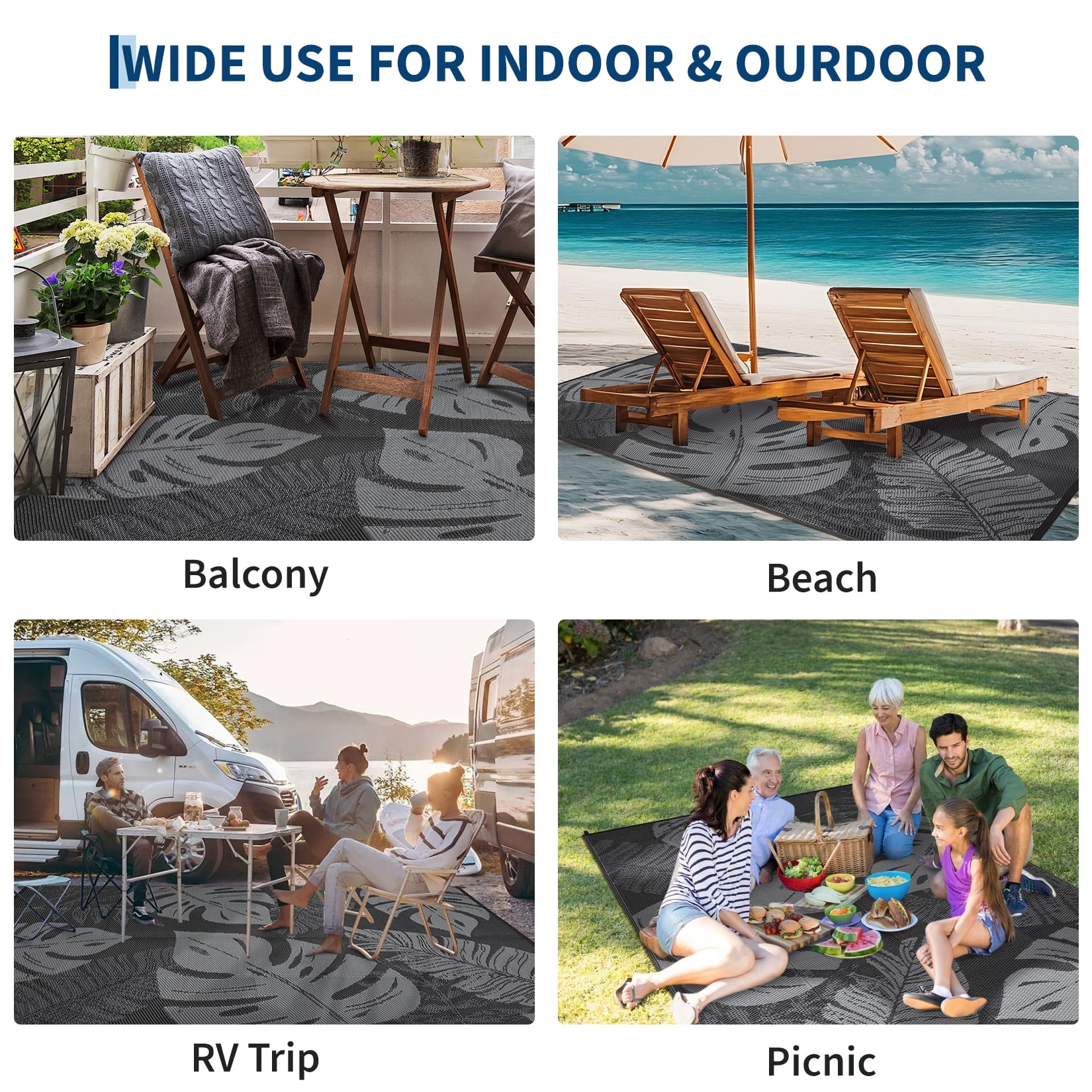 Garvee 9'x12' Outdoor Rug Waterproof Plastic Straw Rug, Modern Tropical Leaf Woven Carpet UV-Resistant Reversible Mat for Patio RV Deck Beach Porch, Black Gray