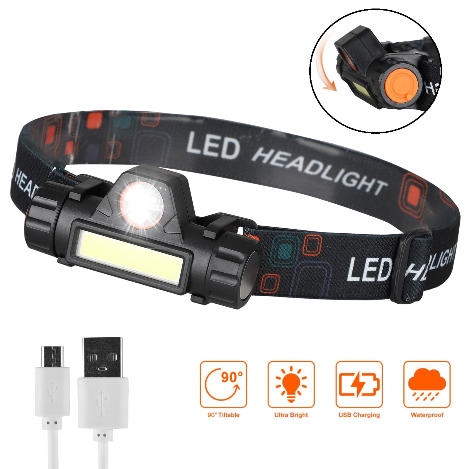 6 Modes USB Rechargeable COB LED Headlamp Headlight Head Light Torch Flashlight 