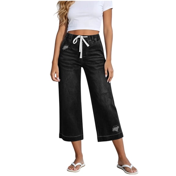 Atogsazn Womens Summer Denim Capris Casual Elastic Waisted Cropped Jeans Loose Fit Trouser Drawstring with Pocket Black M Fashion