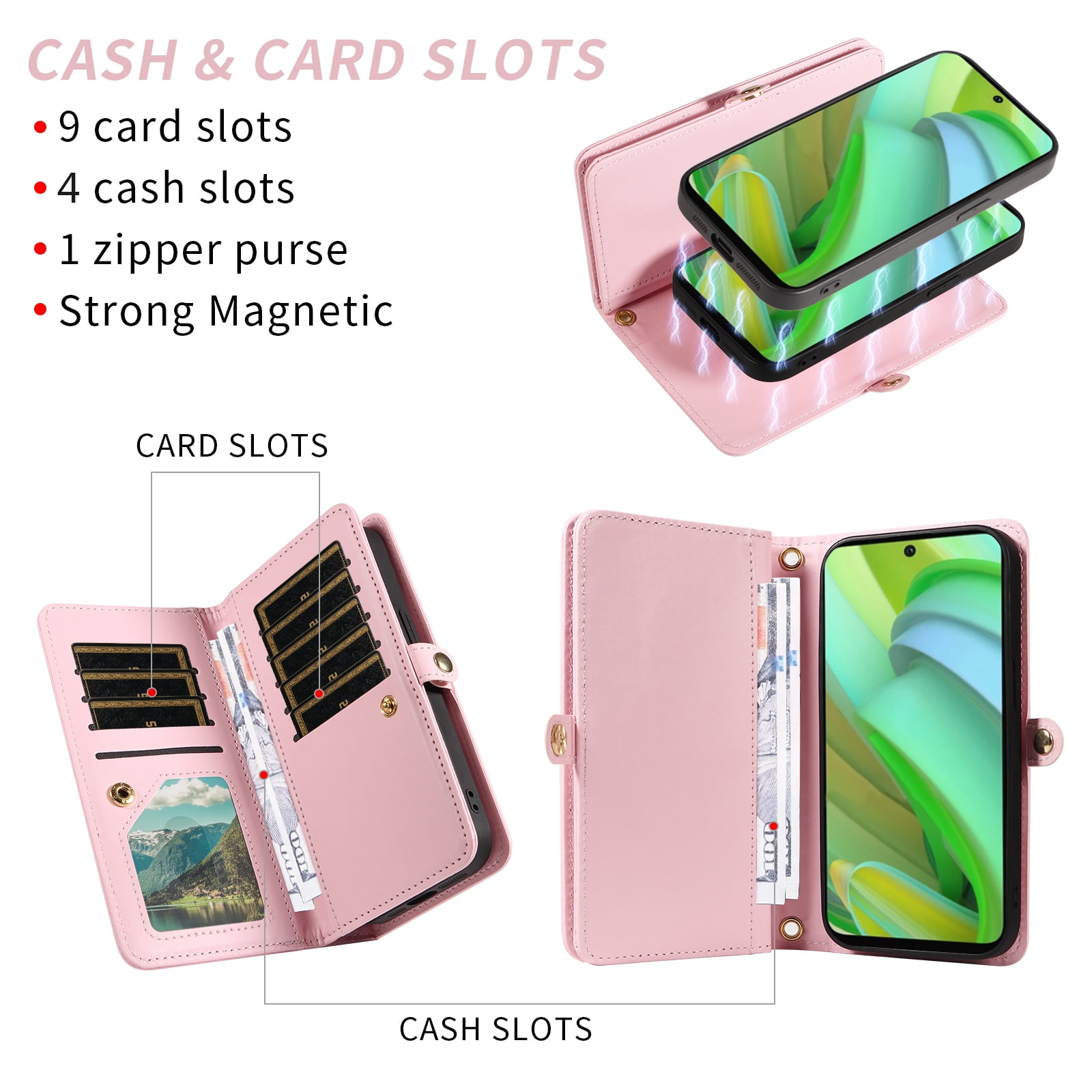 Asuwish Phone Case for Motorola Moto G Power 5G 2023 Zipper Wallet Detachable Cell Cover with Tempered Glass Screen Protector Crossbody Lanyard Strap Glitter Flip Card Holder Slot GPower Women Pink