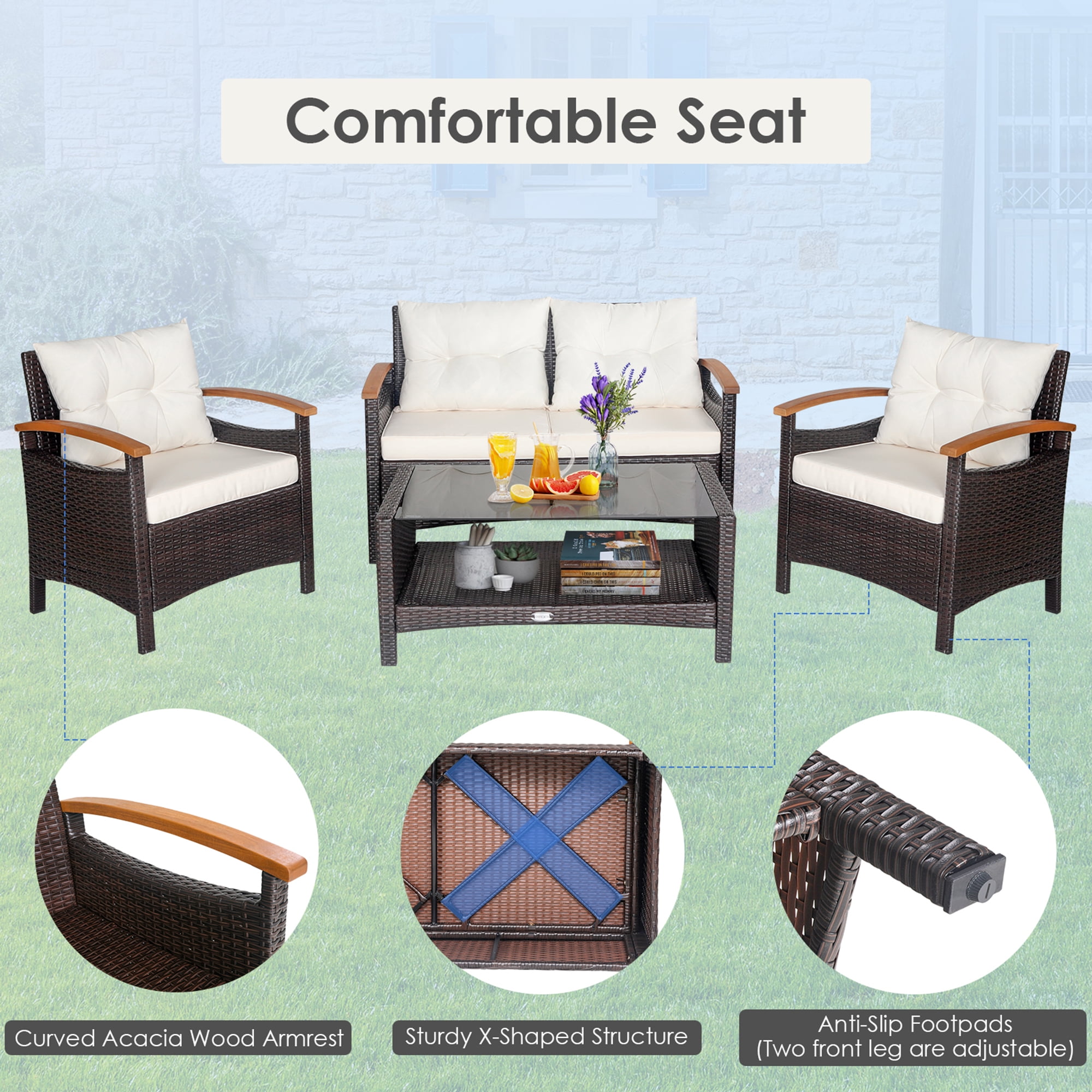 Gymax 4PCS Patio Conversation Set Rattan Sofa Furniture Set w/ Off White Cushions