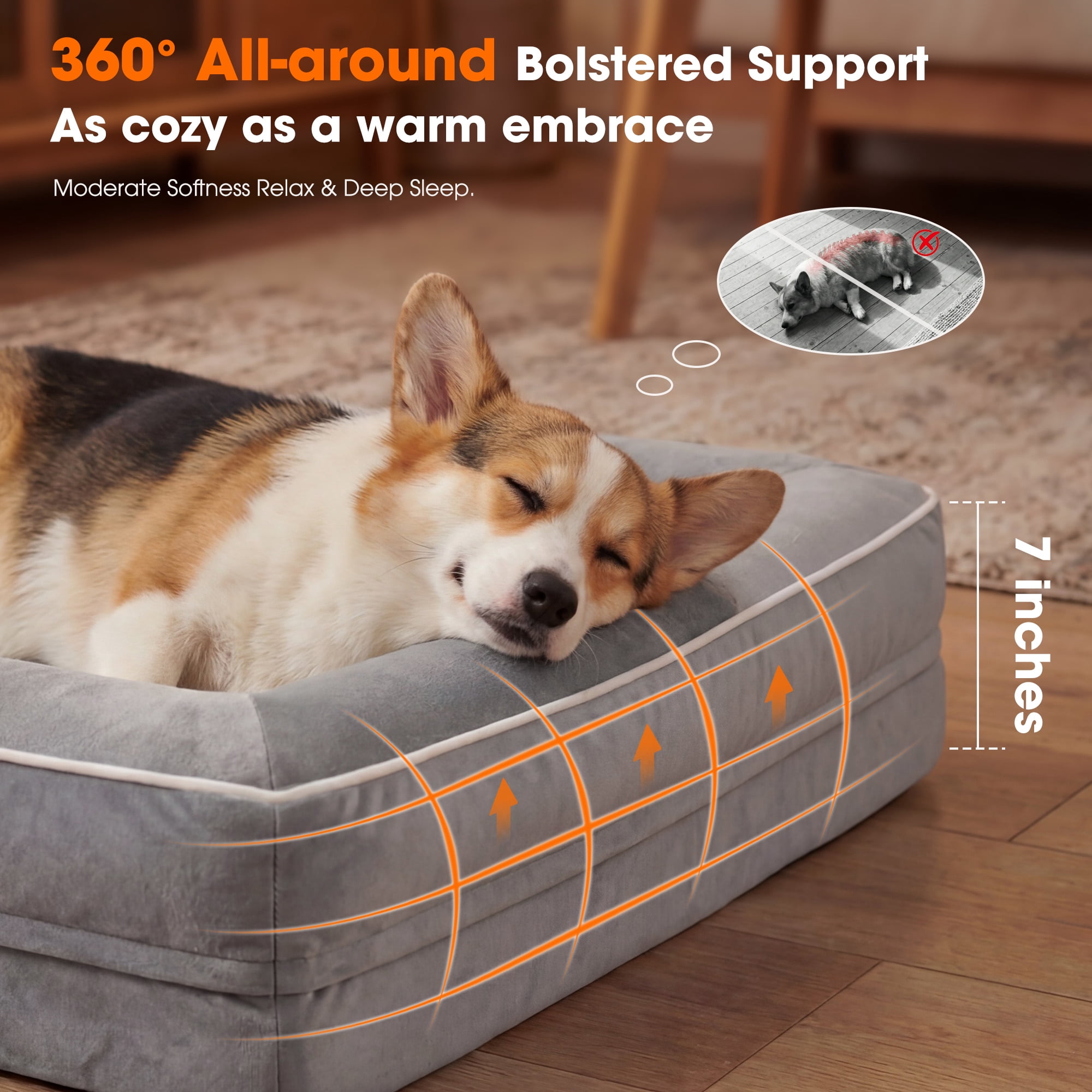Orthopedic Dog Bed Large Waterproof Pet Sofa Bed Four-Sided Bolster Cushion Dog Couch with Removable Washable Cover,Gray