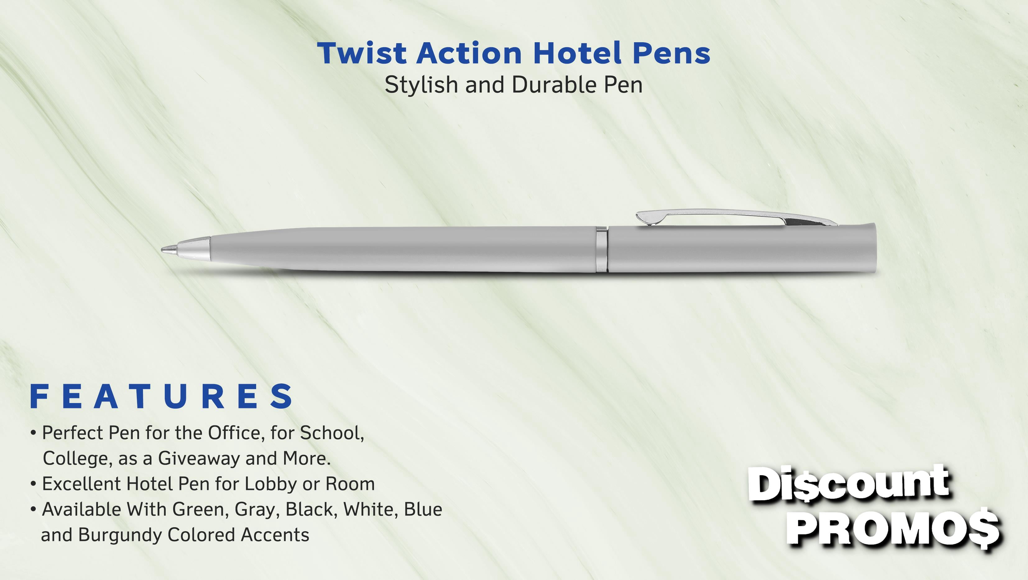 10 Twist Action Hotel Pens Pack - Plastic, Black Ink - Grey