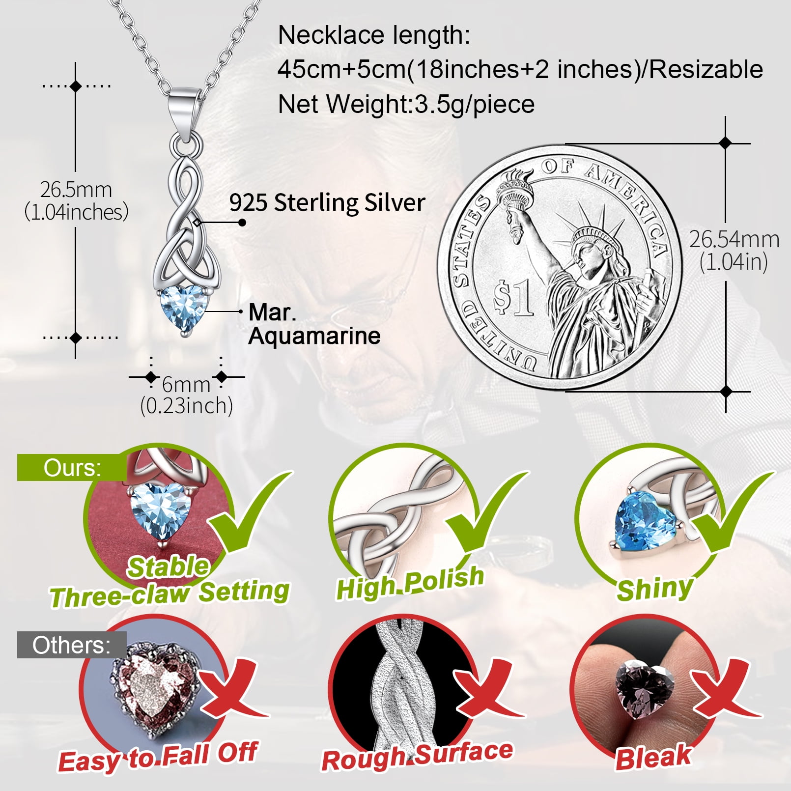 FaithHeart March Birthstone Heart Necklace for Women Celtic Knot Pendant Necklace 925 Sterling Silver Mother Daughter Christmas Birthday Jewelry Gift