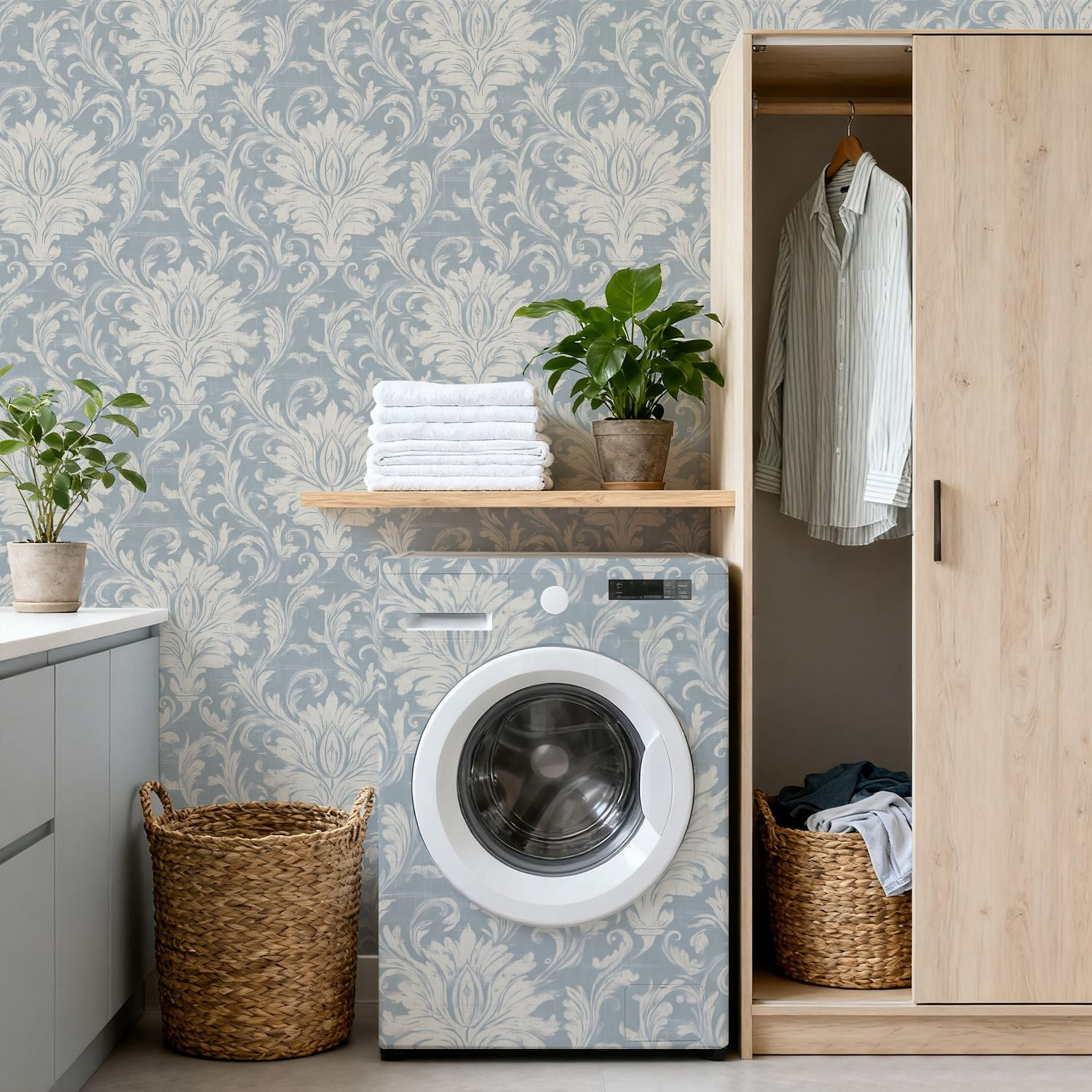 Peel and Stick Wallpaper Floral Damask Soft Blue White Tones Wall Mural 17.7in x 9.8ft Self Adhesive Removable Wall Paper Renter Friendly Wallpaper for Nursery Bedroom Cabinets
