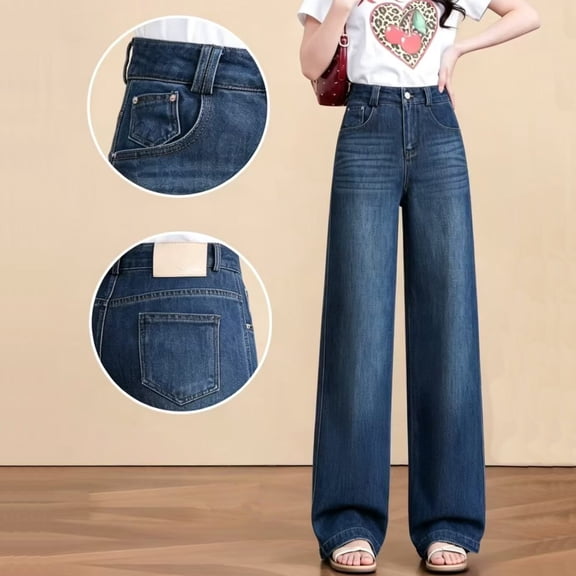 High-waisted women's denim pants, loose wide-leg style, deep blue straight-leg jeans, summer 2026.