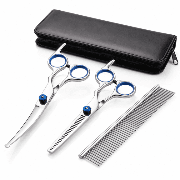 Dog Grooming Scissors Set with Safety Round Tip,2 Pack Curved Scissors Thinning Shears for Pet Grooming for Dogs and Cats