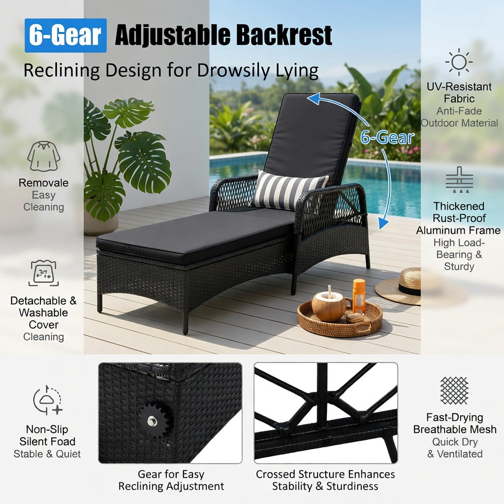 Hommoo Adjustable Outdoor Wicker Chaise Lounge Chair with Weather-Resistant Cushion & Lumbar Pillow, Steel Frame, Black