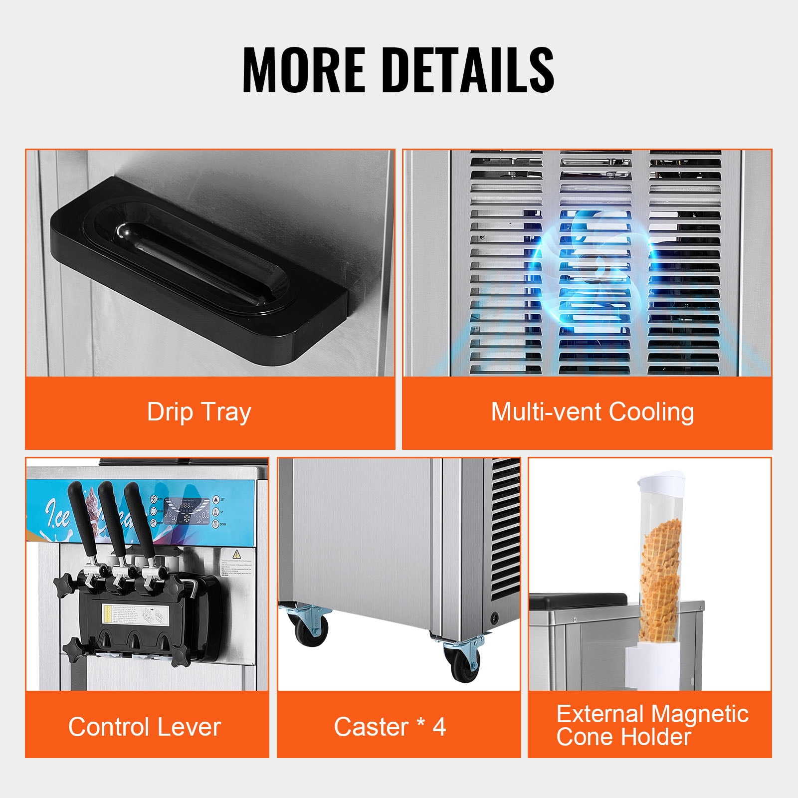 KFFKFF 3-Flavor Commercial Ice Cream Machine 21-31 L/H Soft Serve Ice Cream Maker 2 5.5L*2 Cylinder LED Panel and Auto Clean