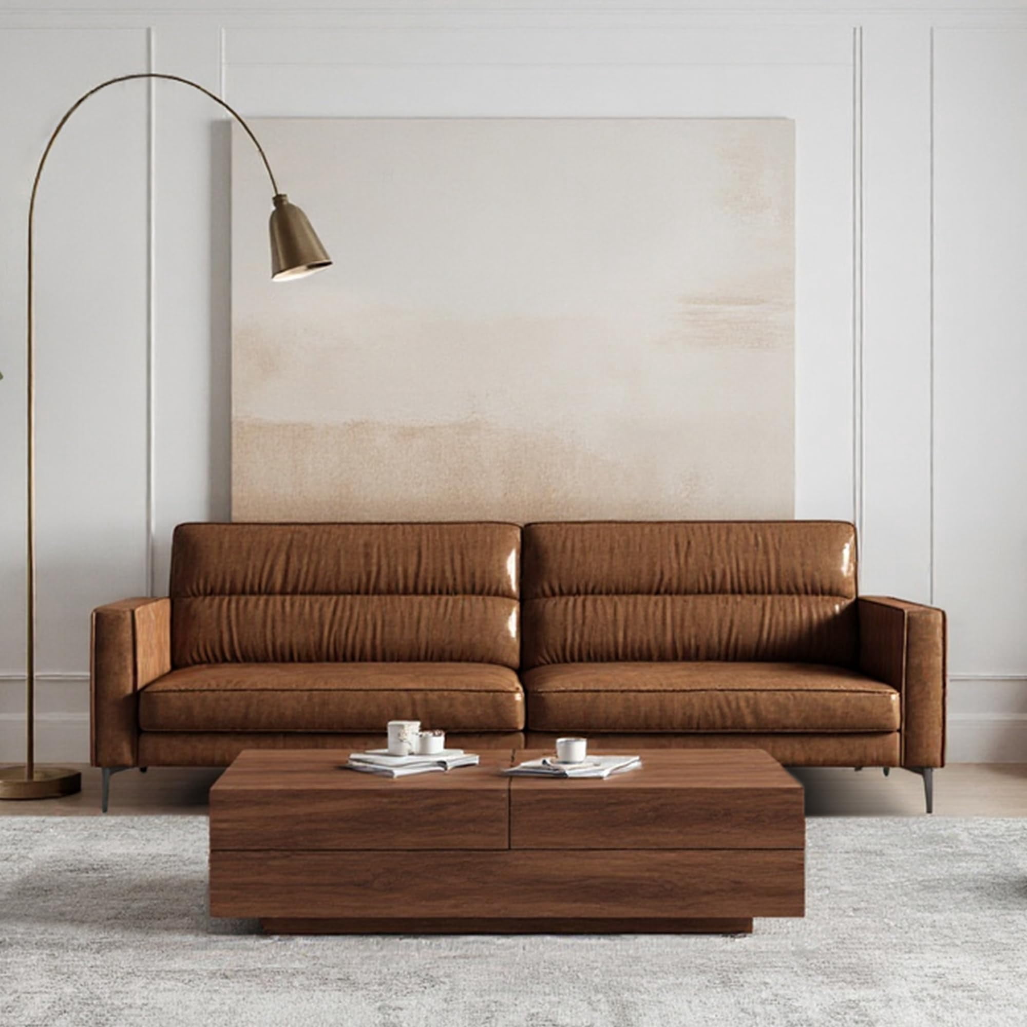 NessCarsti Furniture Modern Living 3-Seater Leather Sofa with Removable Cushions, Brown