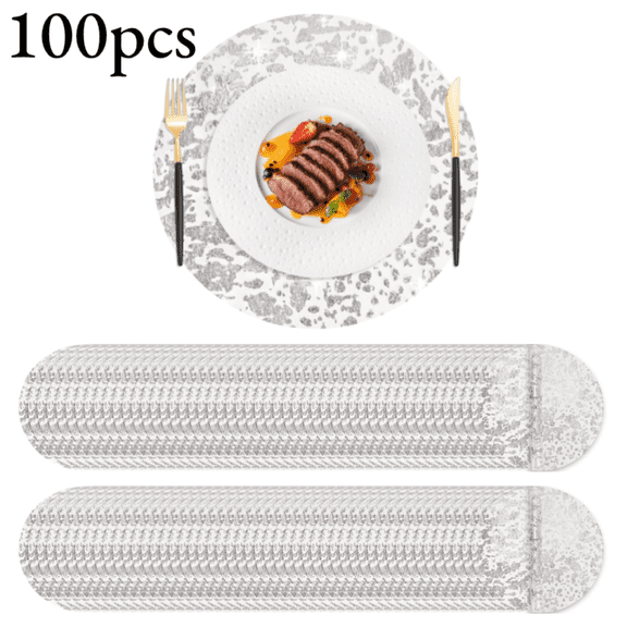 100 pcs Disposable Silver Placemats Set Metallic 13 Inch Round Foil Mesh Pressed Table Doilies, Ultra-Thin Disposable Placement Mats for Home Decoration Dining Table Wedding Birthday Party
