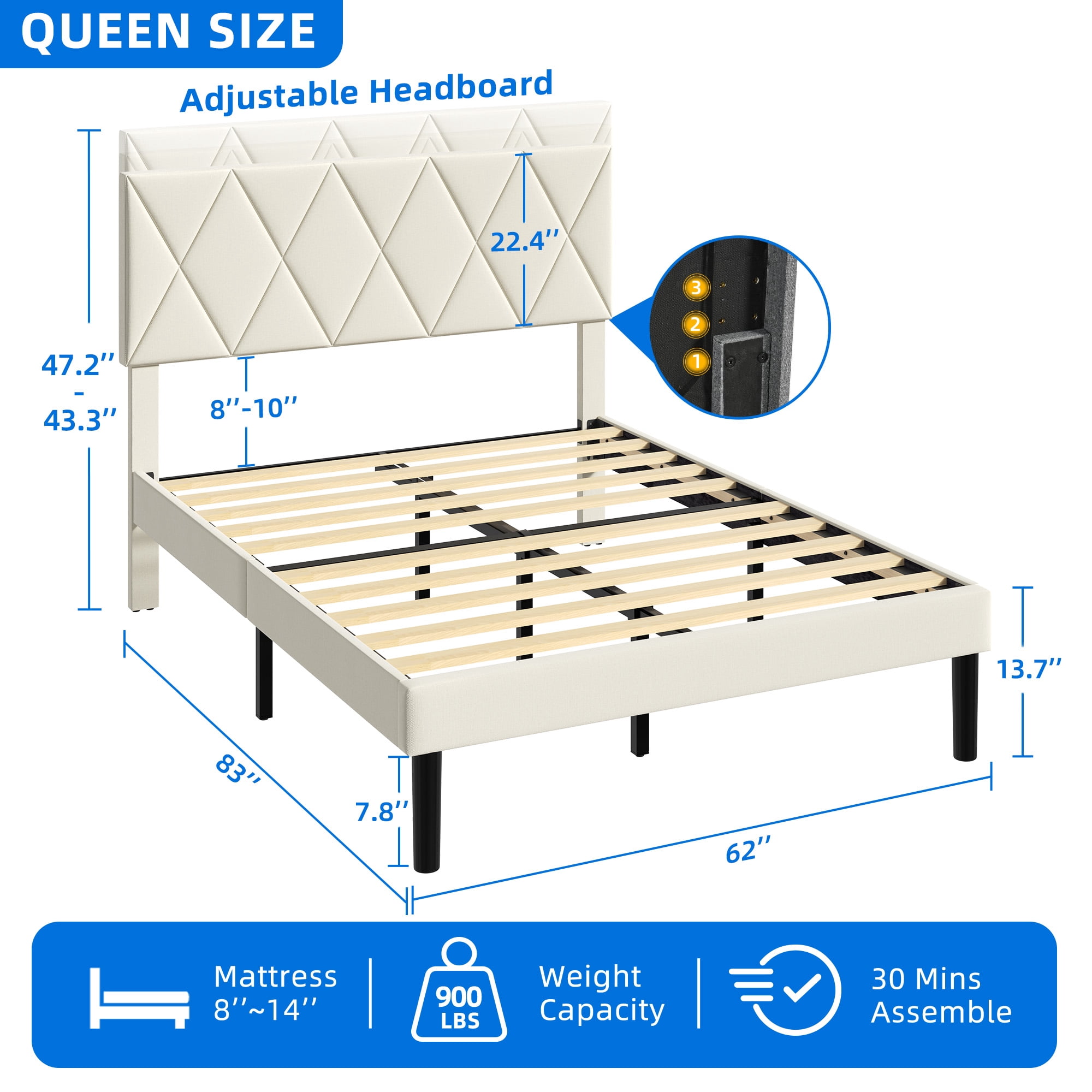 DEXTRUS Queen Upholstered Bed Frame with Adjustable Headboard, Beige