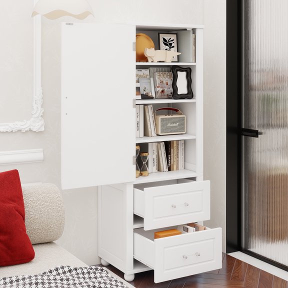 Tall Bathroom Storage Cabinet, Freestanding Storage Cabinet with Two Drawers and Adjustable Shelf, MDF Board with Painted Finish, White
