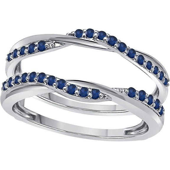 Divine_creation 925 Sterling Silver 2.22 Ct Round Cut Blue Sapphire Engagement Thanksgiving Christmas Enhancer Wrap Guard Ring 14K White Gold Plated For Women's -6.5
