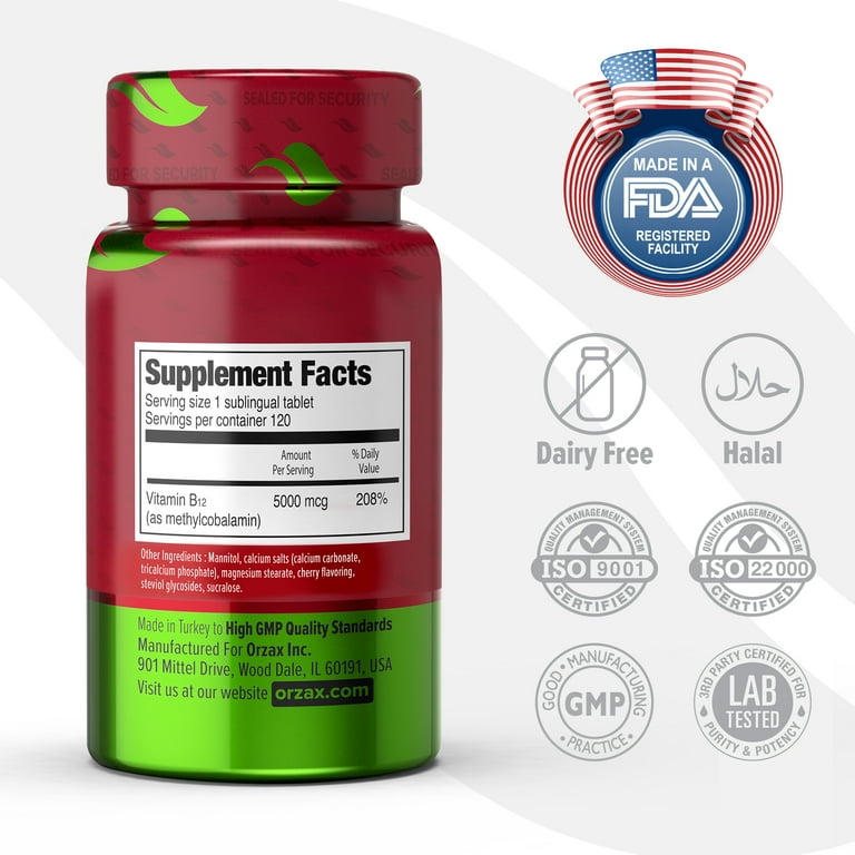 ORZAX Vitamin B12 5000 mcg Methylcobalamin Sublingual Tablets for
