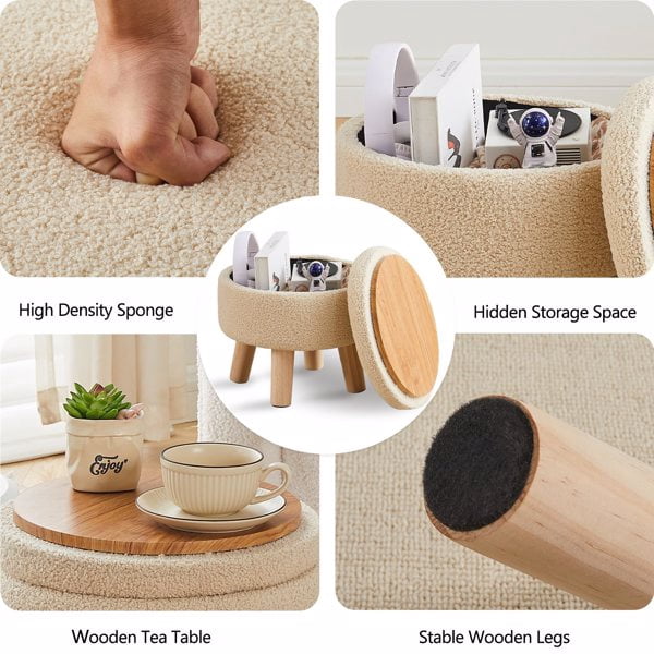 Storage Ottoman, Modern Round Footrest with Soft Padded Seat, Teddy Velvet Footstool with Wood Legs, Accent Small Table or Plant Stand for Hallway, Living Room (Off-White)