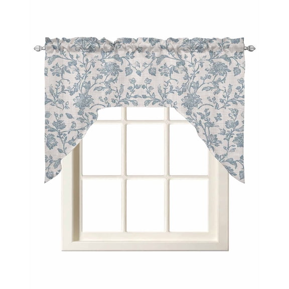 Farmhouse Flower Kitchen Swag Valances for Windows, Botanical Vintage Light Blue Leaf Swag Valances Curtains for Living Room, Rod Pocket Window Treatments for Bathroom, Bedroom, Cafe, 56"x36"