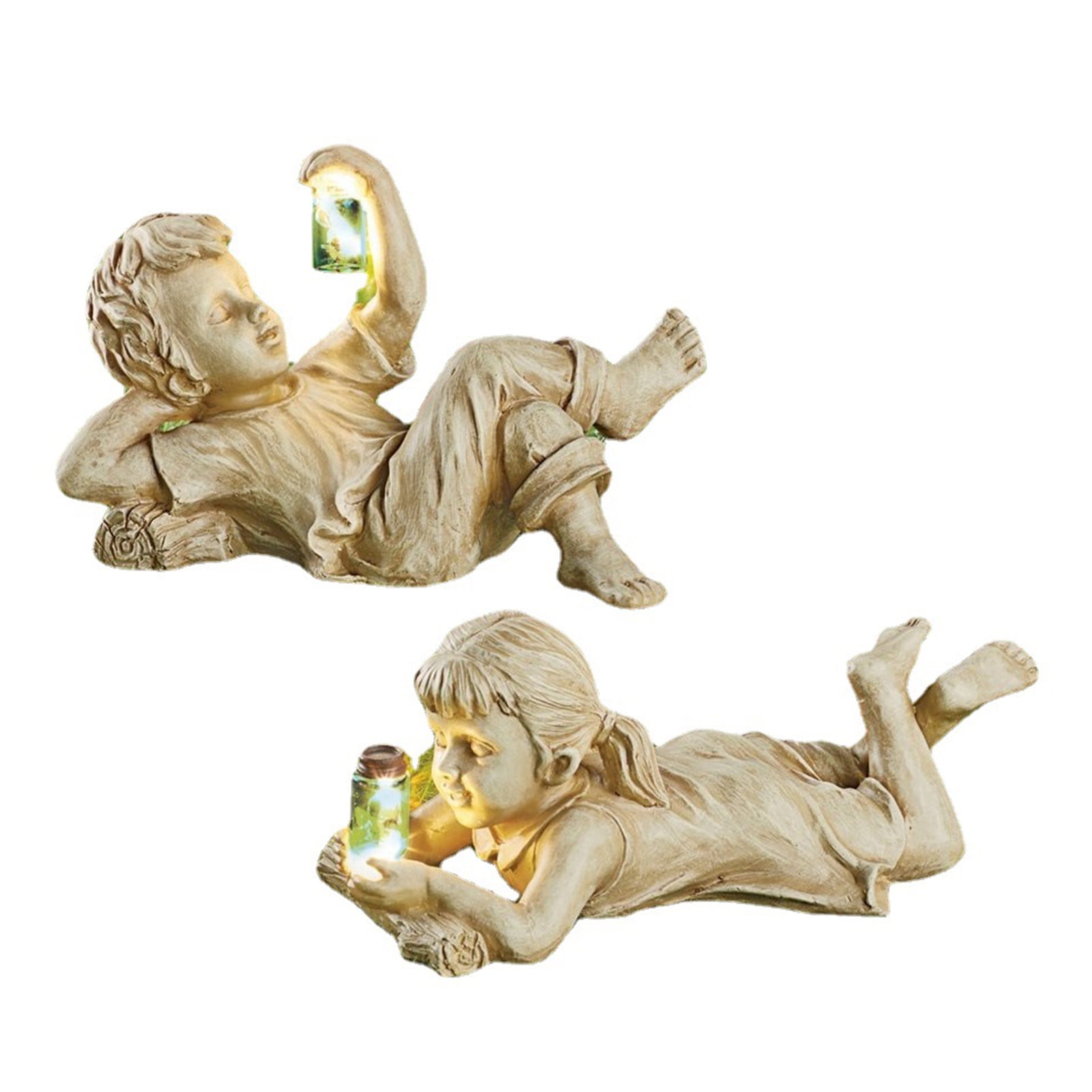 Naierhg Garden Sculpture Solar Lighted Kid Design Resin Vintage Boy Girl Statue for Patio