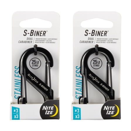Nite Ize S-Biner Dual Carabiner Stainless Steel - Durable Dual Carabiner with Wire Gate Closure - Carabiner for Organizing Keys & Keychain Attachments - Size 3, Black/Stainless Steel (2 Pack)