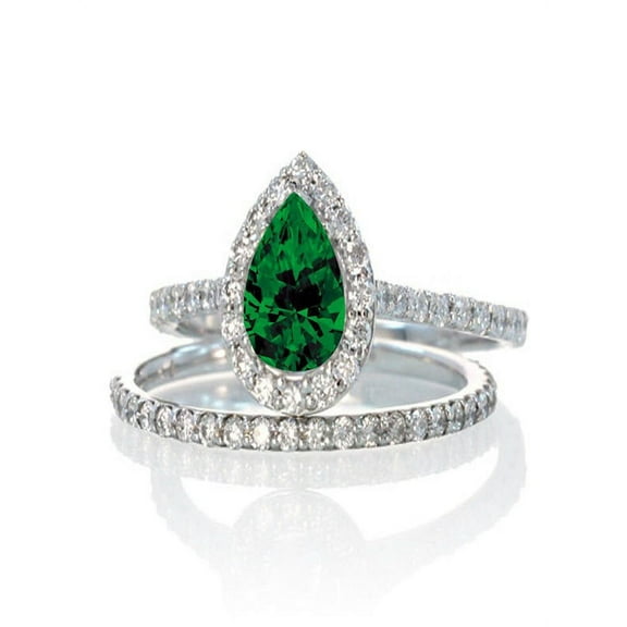 2 Carat Pear Cut Emerald Halo Bridal Set for Woman on 10k White Gold