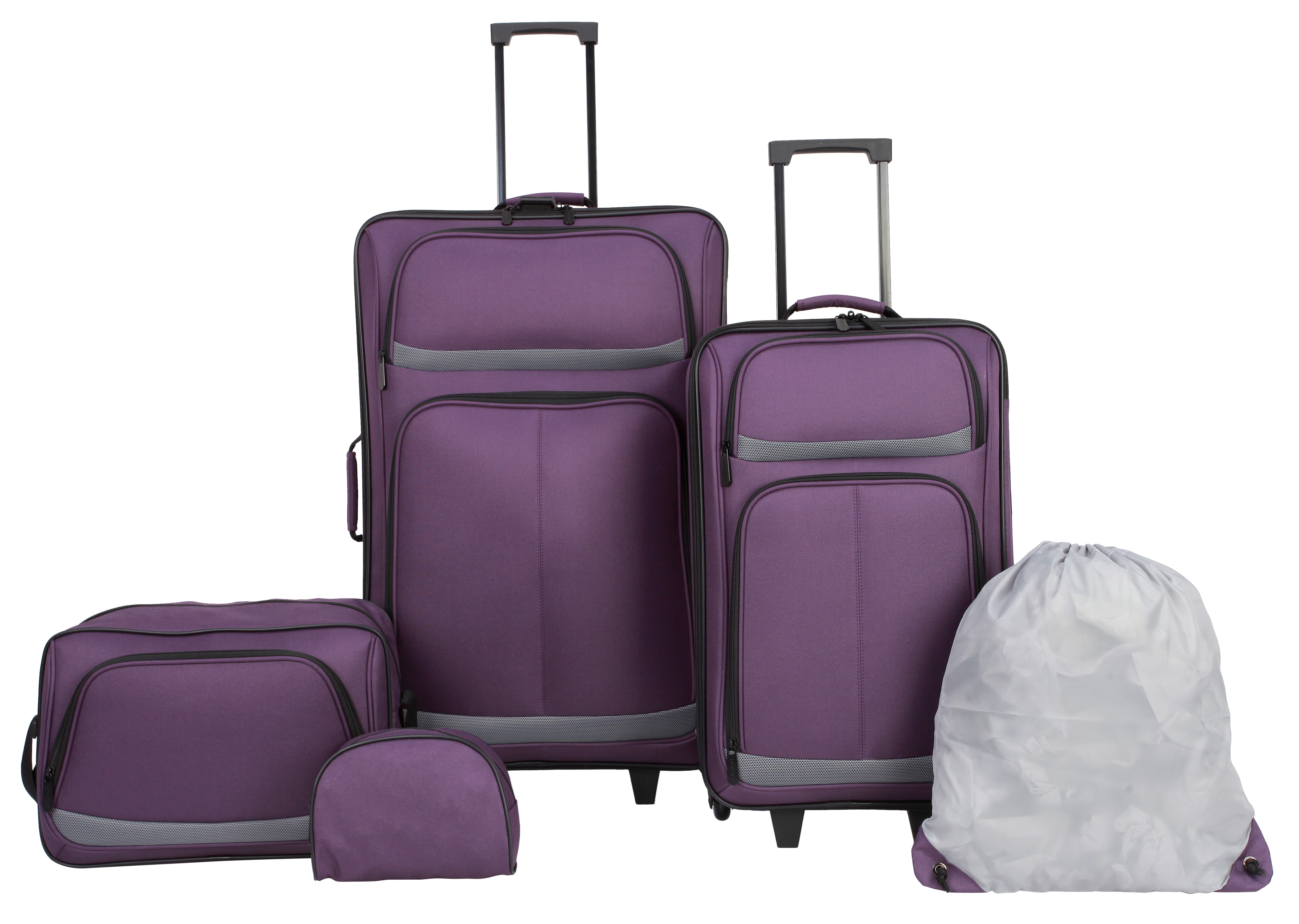 Protege 5-Piece Purple Softside Travel Luggage Set with 2 In-Line Skate Wheels and Organizer Pockets, Includes 28" Upright, 21" Upright, a Boarding tote, a Toiletry Kit, and a Cinch Sack