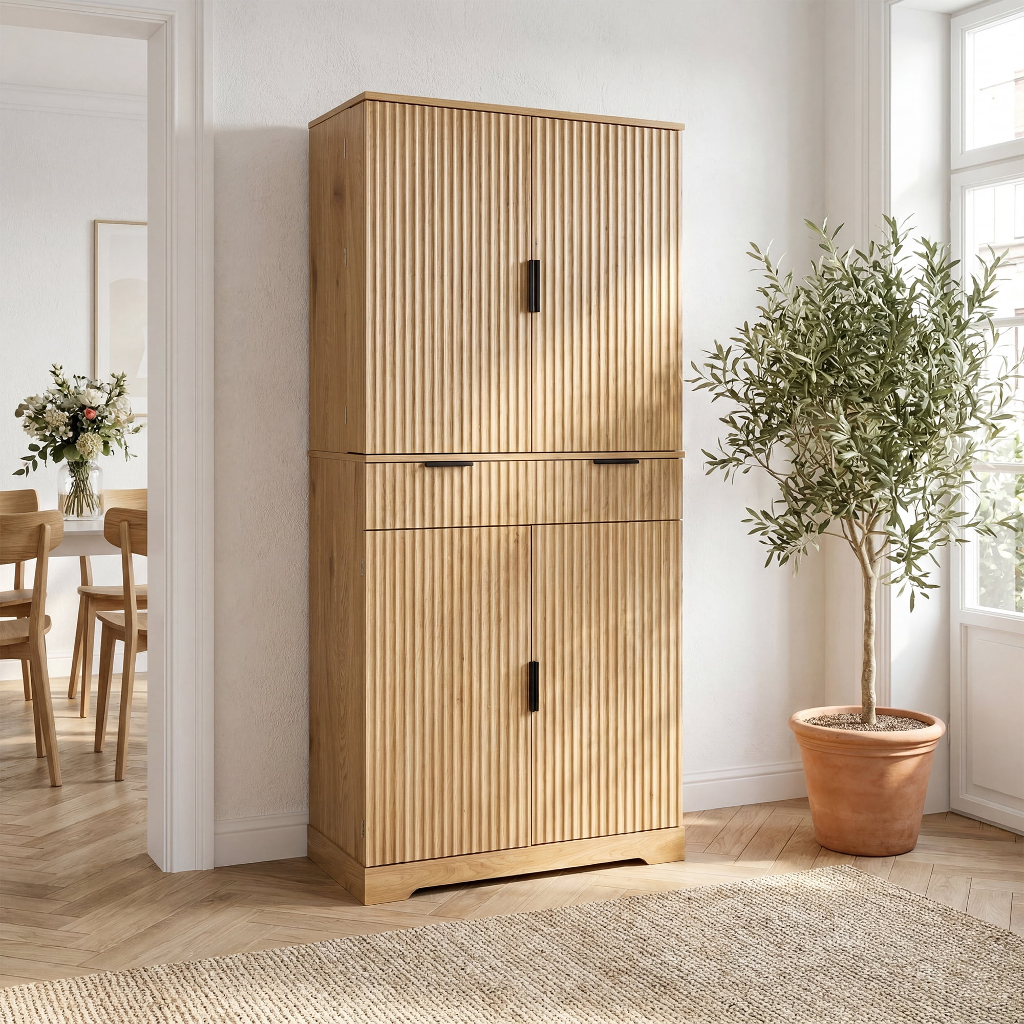 Howcool 72"H Fluted Kitchen Pantry Cabinet with 3 Slide-out Drawers & Adjustable Shelves,Freestanding Storage Cupboard for Dining Room,Bathroom,Kitchen,Oak