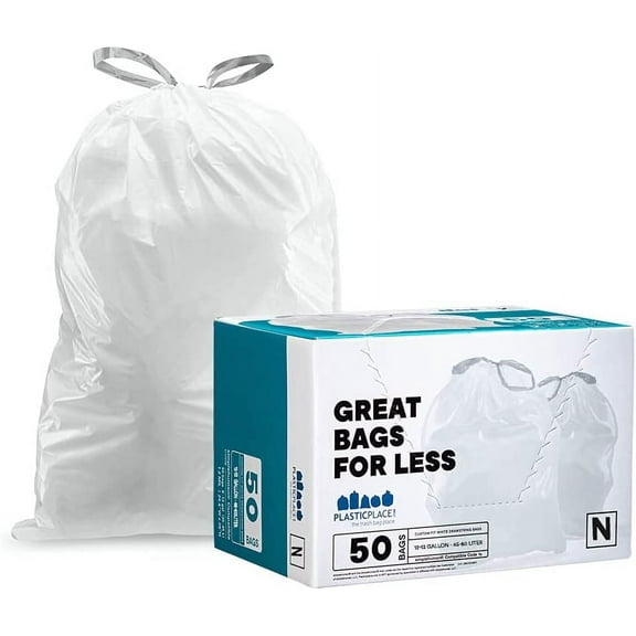 Custom Fit Trash Bags, Compatible with Code N (50 Count) White Drawstring Garbage Liners 12-13 Gallon / 45-50 Liters, 22.5" x 31.5"