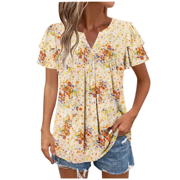 Camisas de Cuello de Tripulación de Manga Corta para las Mujeres Plisado Mangas de Ruffle, Cuello Redondo Casual Primavera Y Blusa de Verano