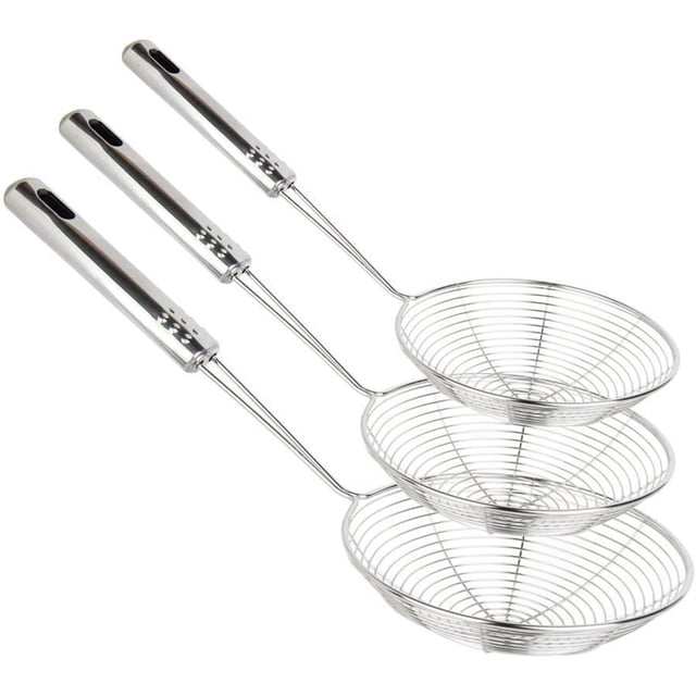 Ensemble de Skimmer en Acier Inoxydable Professionnel, Passoire Araignée pour Pâtes Chips Frites Cuisson, Passoire en Maille avec Poignée Longue Sûre Design Ergonomique pour Cuisine, 3 Pcs