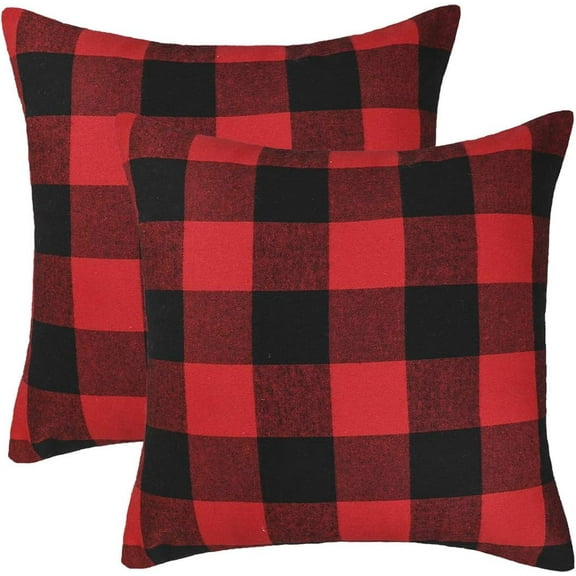 Set of 2 Christmas Buffalo Check Plaid Throw Pillow Covers Cushion Case Polyester for Farmhouse Home Decor Red and Black, 18 x 18 Inches